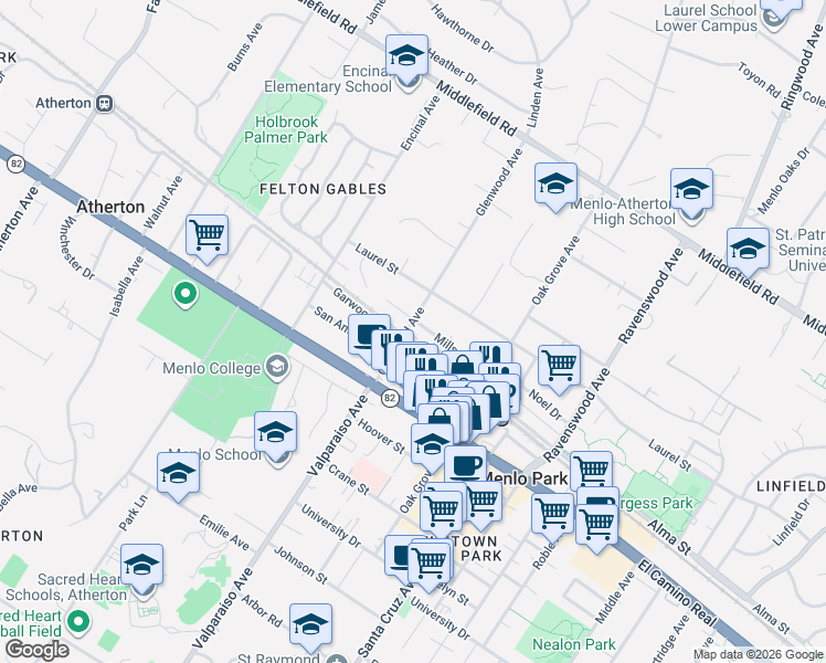 map of restaurants, bars, coffee shops, grocery stores, and more near 517 Glenwood Avenue in Menlo Park