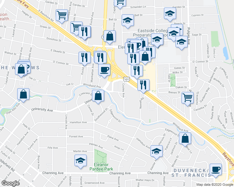 map of restaurants, bars, coffee shops, grocery stores, and more near 1908 Capitol Avenue in East Palo Alto