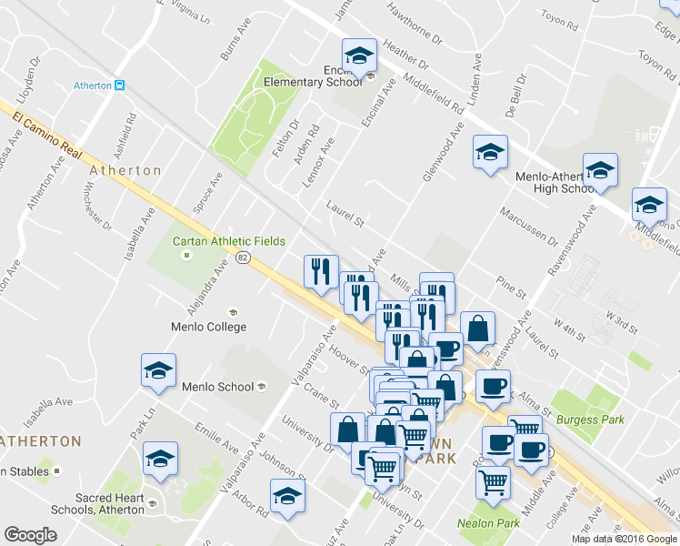 map of restaurants, bars, coffee shops, grocery stores, and more near 1435 Mills Court in Menlo Park