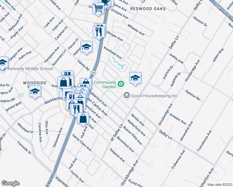 map of restaurants, bars, coffee shops, grocery stores, and more near 255 Nimitz Avenue in Redwood City