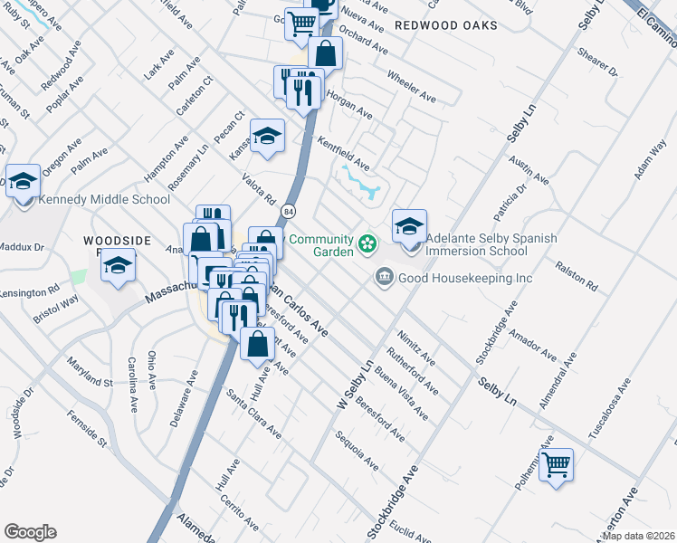 map of restaurants, bars, coffee shops, grocery stores, and more near 230 Nimitz Avenue in Redwood City