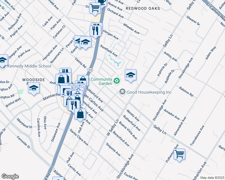 map of restaurants, bars, coffee shops, grocery stores, and more near 255 Nimitz Avenue in Redwood City