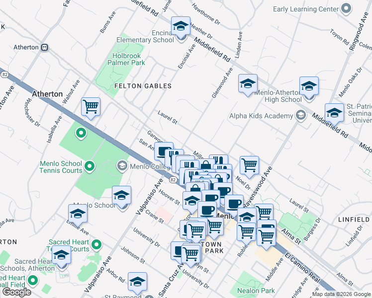 map of restaurants, bars, coffee shops, grocery stores, and more near 1357 Mills Street in Menlo Park