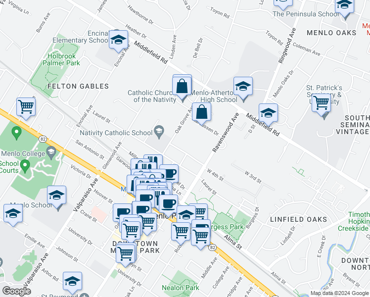 map of restaurants, bars, coffee shops, grocery stores, and more near 215 Oak Grove Avenue in Menlo Park
