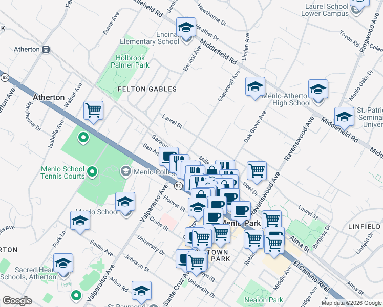 map of restaurants, bars, coffee shops, grocery stores, and more near 1357 Mills Street in Menlo Park