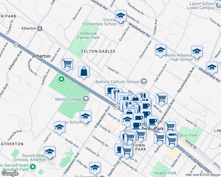 map of restaurants, bars, coffee shops, grocery stores, and more near 1435 Mills Court in Menlo Park