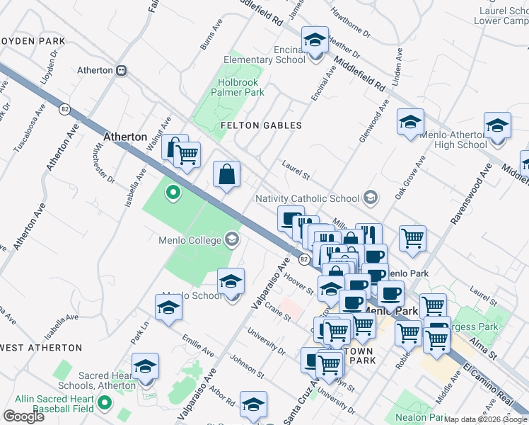 map of restaurants, bars, coffee shops, grocery stores, and more near 1550 Encinal Avenue in Menlo Park