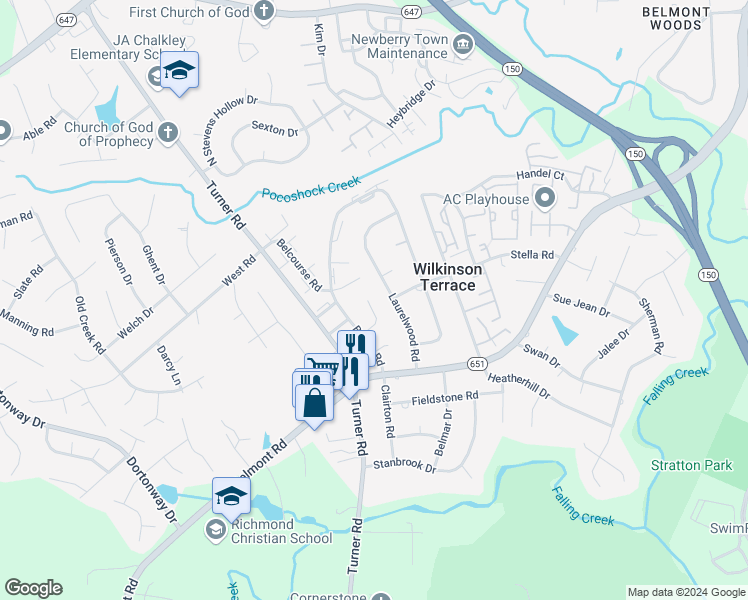 map of restaurants, bars, coffee shops, grocery stores, and more near 4105 Walderbrook Court in Richmond