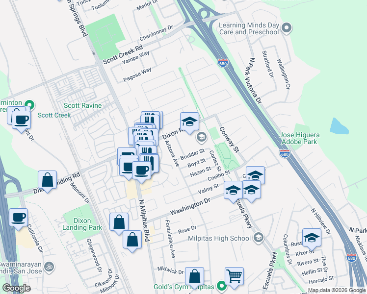 map of restaurants, bars, coffee shops, grocery stores, and more near 1780 Vegas Avenue in Milpitas