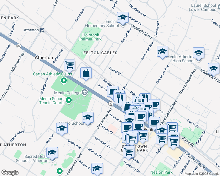map of restaurants, bars, coffee shops, grocery stores, and more near 1518 San Antonio Street in Menlo Park