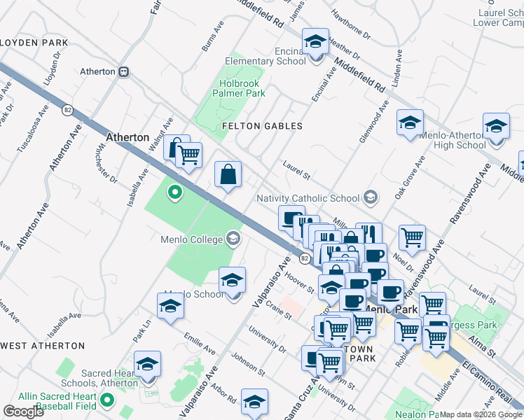 map of restaurants, bars, coffee shops, grocery stores, and more near 1550 Encinal Avenue in Menlo Park