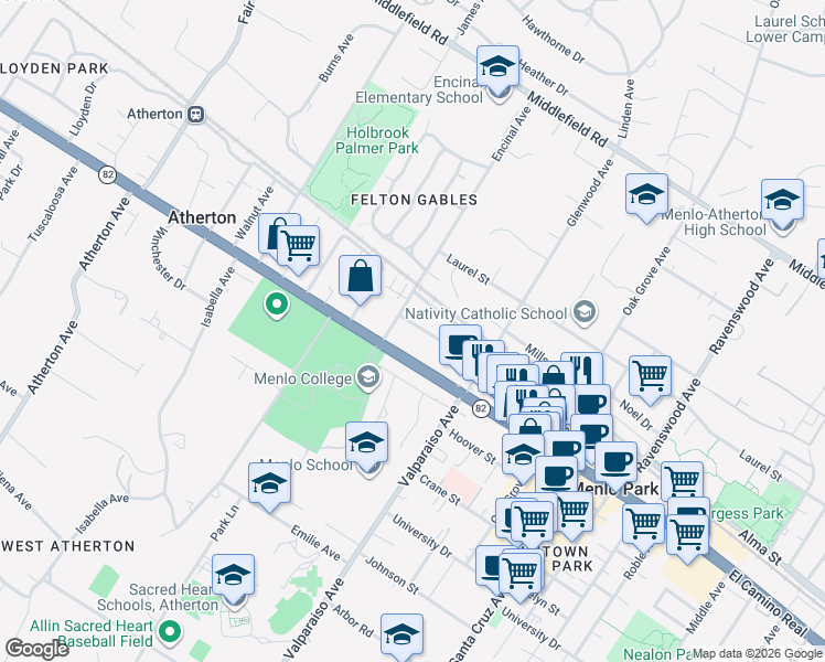 map of restaurants, bars, coffee shops, grocery stores, and more near 1550 Encinal Avenue in Menlo Park
