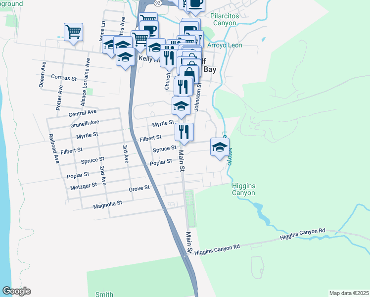 map of restaurants, bars, coffee shops, grocery stores, and more near 845 Main Street in Half Moon Bay