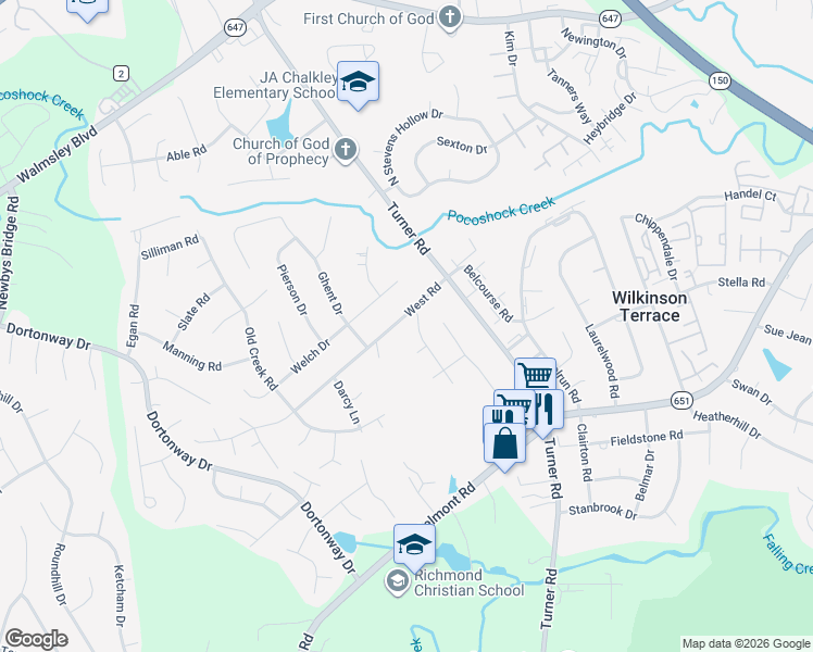 map of restaurants, bars, coffee shops, grocery stores, and more near 6551 West Road in Chesterfield