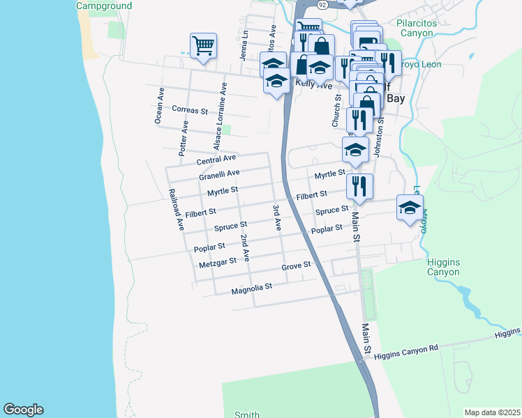 map of restaurants, bars, coffee shops, grocery stores, and more near 448 Filbert St in Half Moon Bay