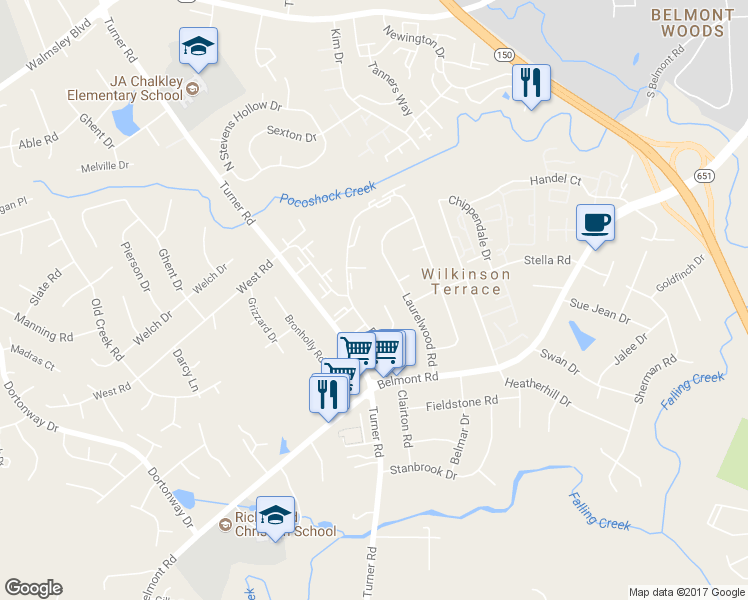 map of restaurants, bars, coffee shops, grocery stores, and more near 4100 Walderbrook Court in Richmond