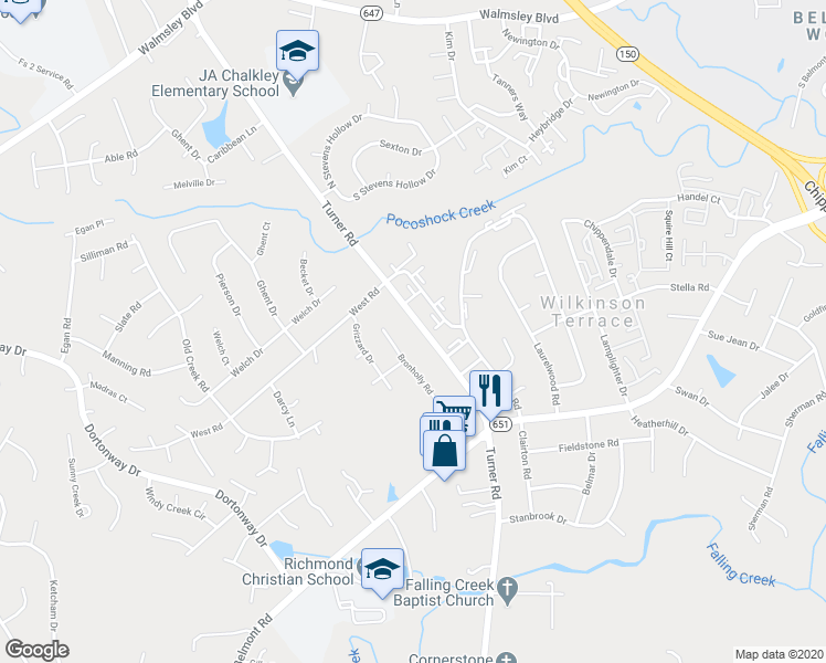 map of restaurants, bars, coffee shops, grocery stores, and more near 3910 Turner Road in Chesterfield