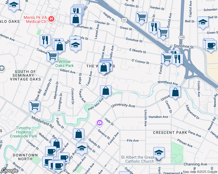 map of restaurants, bars, coffee shops, grocery stores, and more near 1100 Woodland Avenue in Menlo Park