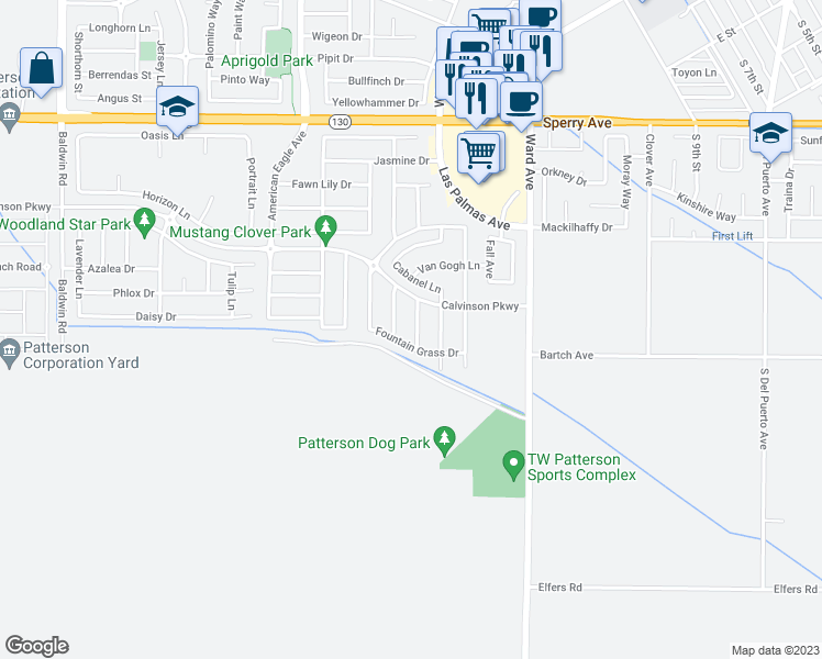 map of restaurants, bars, coffee shops, grocery stores, and more near 327 Summer Phlox Lane in Patterson