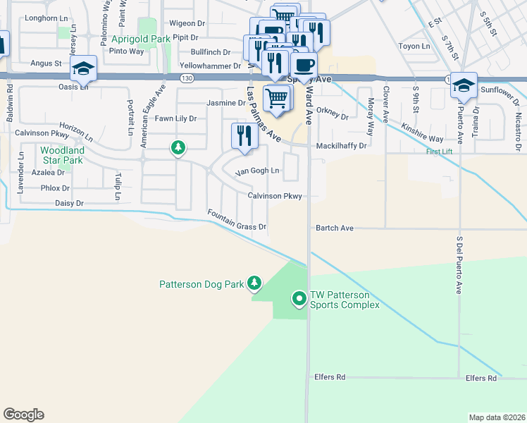 map of restaurants, bars, coffee shops, grocery stores, and more near 318 Durer Drive in Patterson