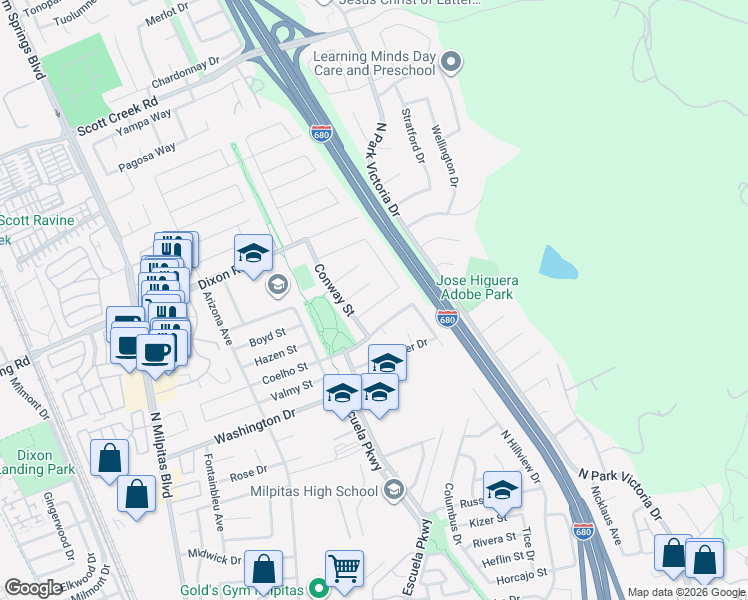 map of restaurants, bars, coffee shops, grocery stores, and more near 424 Woodcock Court in Milpitas