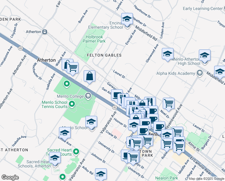map of restaurants, bars, coffee shops, grocery stores, and more near 1518 San Antonio Street in Menlo Park