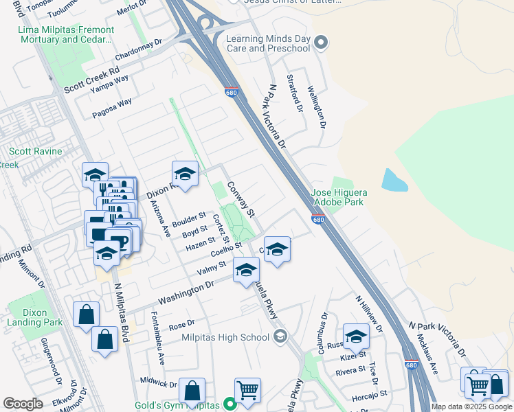 map of restaurants, bars, coffee shops, grocery stores, and more near 424 Woodcock Court in Milpitas