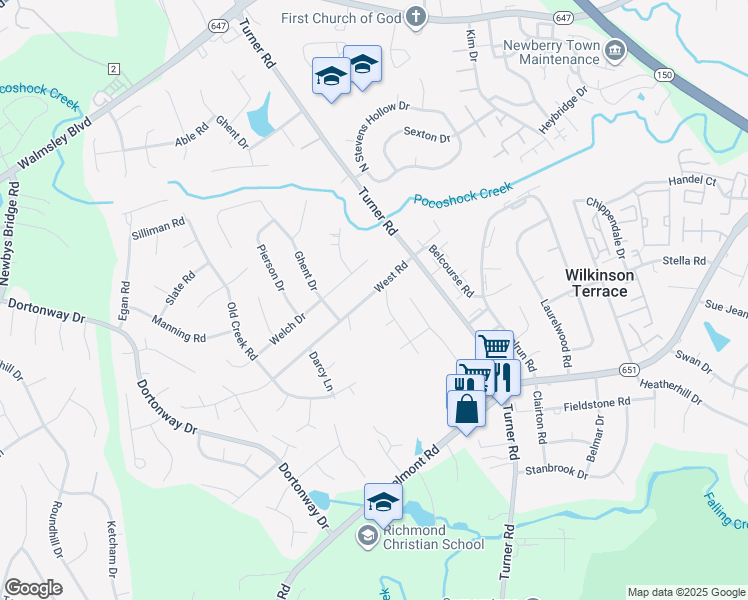 map of restaurants, bars, coffee shops, grocery stores, and more near 6551 West Road in Chesterfield