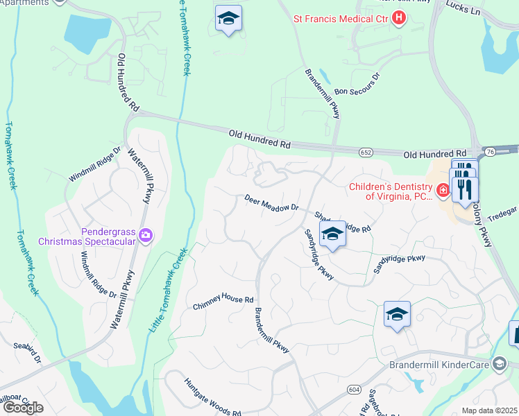 map of restaurants, bars, coffee shops, grocery stores, and more near 2102 Deer Meadow Terrace in Midlothian