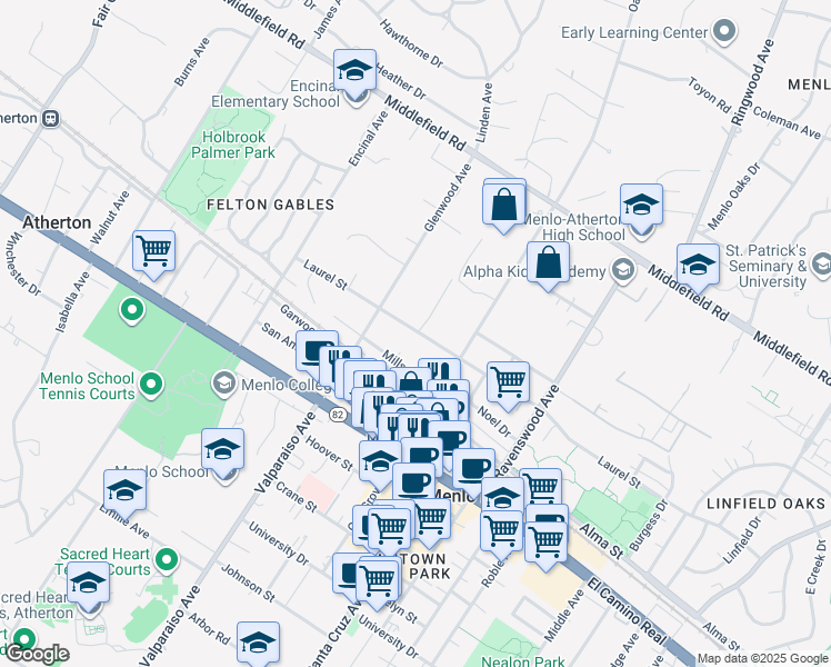 map of restaurants, bars, coffee shops, grocery stores, and more near 1279 Laurel Street in Menlo Park