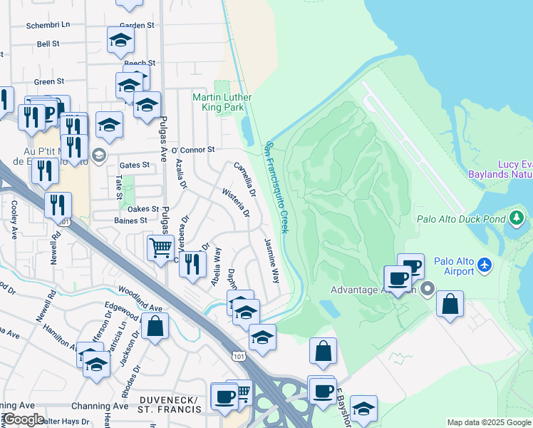 map of restaurants, bars, coffee shops, grocery stores, and more near 1332 Camellia Drive in East Palo Alto
