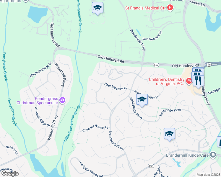 map of restaurants, bars, coffee shops, grocery stores, and more near 2102 Deer Meadow Terrace in Midlothian