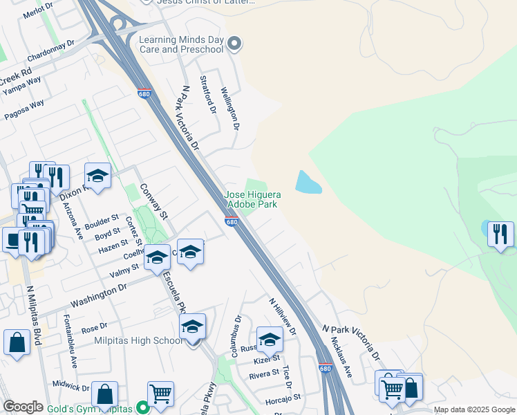 map of restaurants, bars, coffee shops, grocery stores, and more near Wessex Place in Milpitas