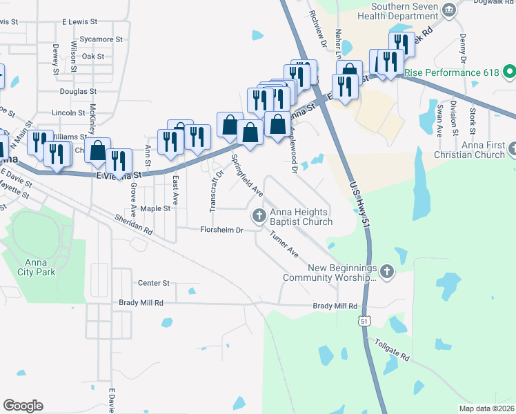map of restaurants, bars, coffee shops, grocery stores, and more near 100-198 Industrial Drive in Anna