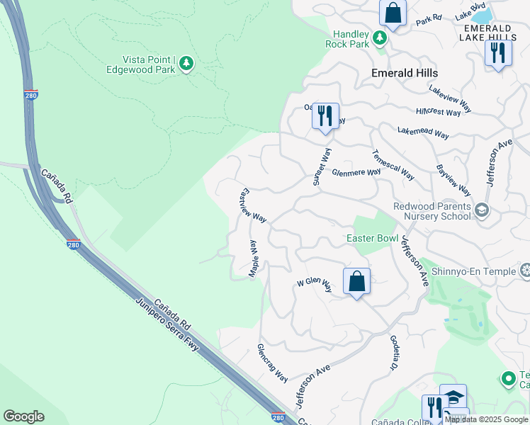 map of restaurants, bars, coffee shops, grocery stores, and more near 506 Eastview Way in Woodside