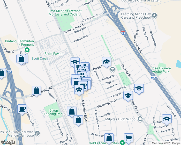 map of restaurants, bars, coffee shops, grocery stores, and more near 1839 Sunnyhills Court in Milpitas