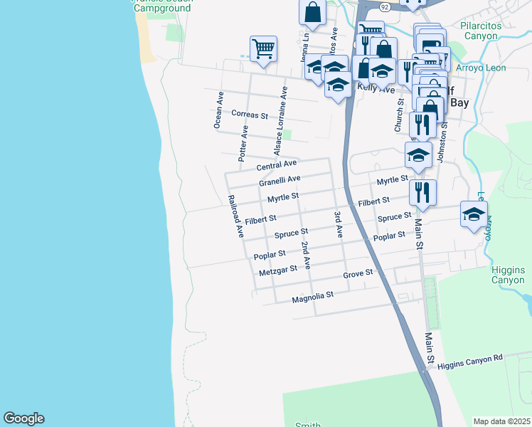 map of restaurants, bars, coffee shops, grocery stores, and more near 303 Filbert Street in Half Moon Bay