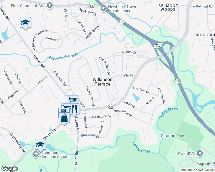 map of restaurants, bars, coffee shops, grocery stores, and more near 4119 Lamplighter Drive in Richmond