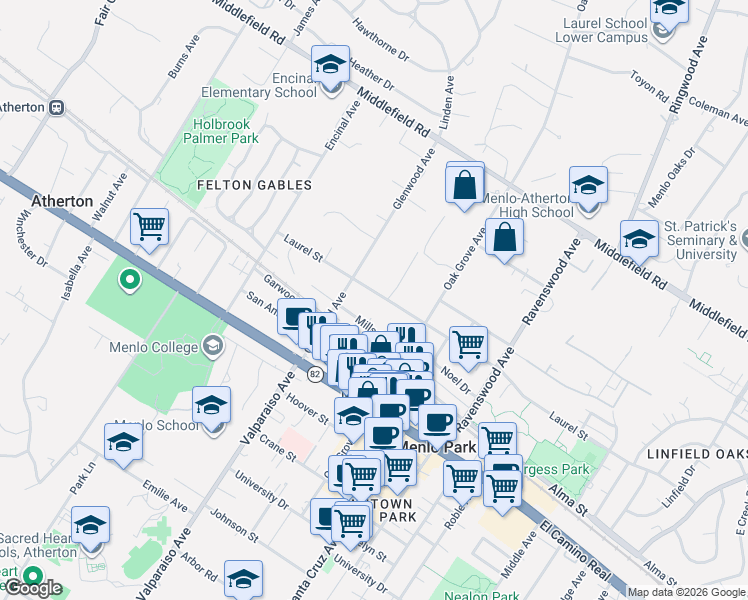 map of restaurants, bars, coffee shops, grocery stores, and more near 1317 Laurel Street in Menlo Park