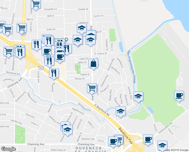 map of restaurants, bars, coffee shops, grocery stores, and more near 1108 Gaillardia Way in East Palo Alto
