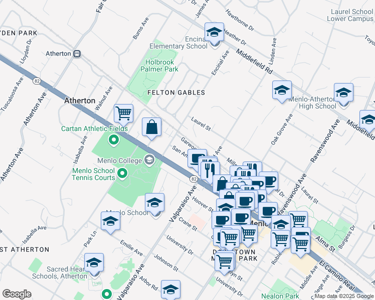map of restaurants, bars, coffee shops, grocery stores, and more near 1518 San Antonio Street in Menlo Park