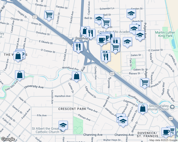 map of restaurants, bars, coffee shops, grocery stores, and more near 1908 Capitol Avenue in East Palo Alto