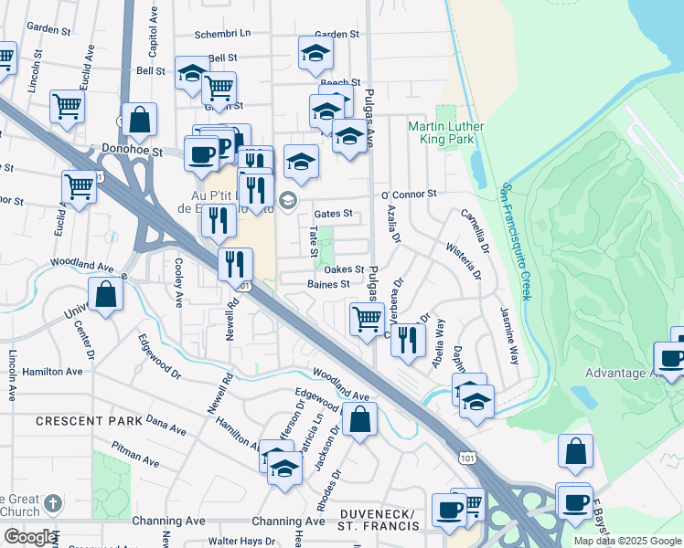 map of restaurants, bars, coffee shops, grocery stores, and more near 934 Oakes Street in East Palo Alto