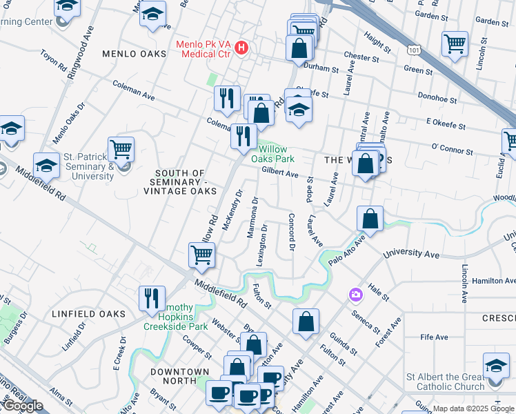 map of restaurants, bars, coffee shops, grocery stores, and more near 276 Marmona Drive in Menlo Park