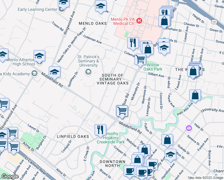 map of restaurants, bars, coffee shops, grocery stores, and more near 240 San Clemente in Menlo Park