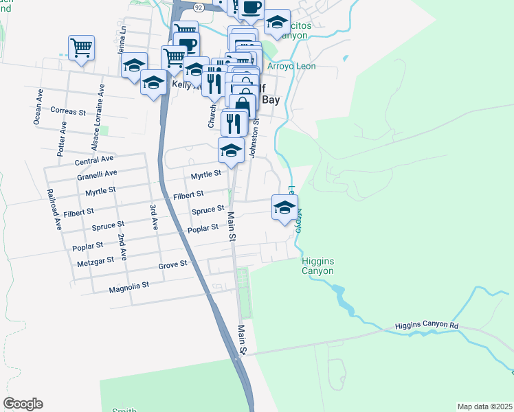 map of restaurants, bars, coffee shops, grocery stores, and more near 712 Monte Vista Ln in Half Moon Bay
