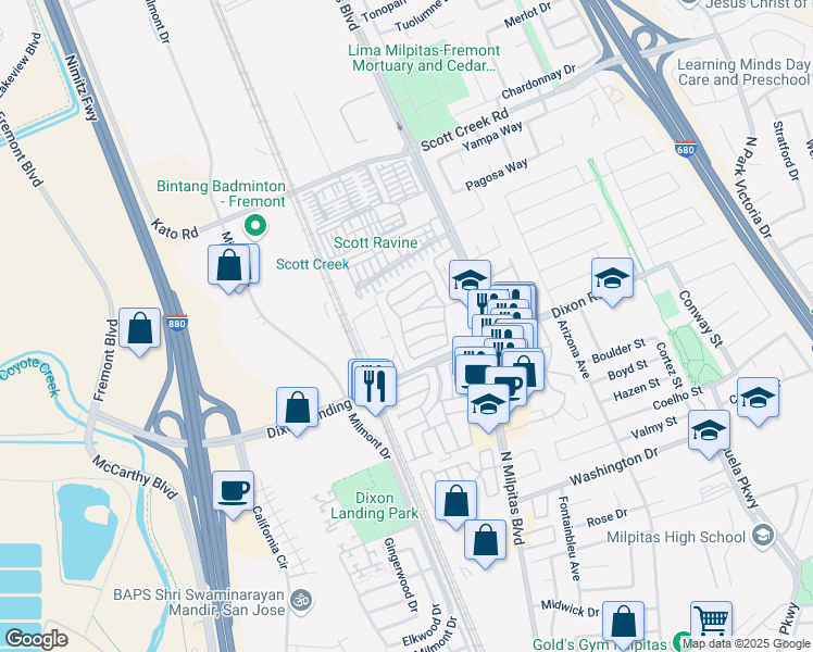 map of restaurants, bars, coffee shops, grocery stores, and more near 60 Wilson Way in Milpitas