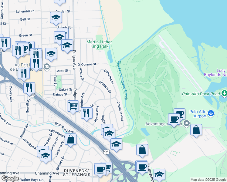map of restaurants, bars, coffee shops, grocery stores, and more near 1332 Camellia Drive in East Palo Alto