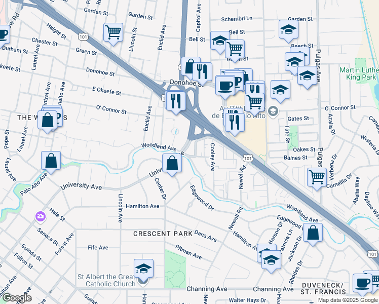 map of restaurants, bars, coffee shops, grocery stores, and more near 1908 Capitol Avenue in East Palo Alto