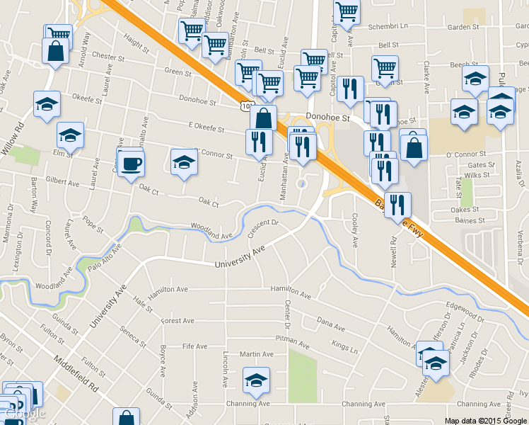 map of restaurants, bars, coffee shops, grocery stores, and more near in Menlo Park